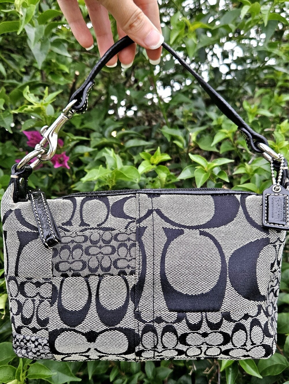 Coach Signature Patchwork Travel Bag Black Grey Pink Lining